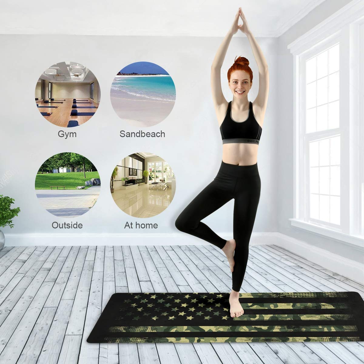 Baofu Camo American Flag Non Slip Yoga Mat Exercise Fitness Eco Friendly Hot Mat Long TPE Foldable Natural Non-Toxic Pilates Mat with Carrying Bag 71"x26"