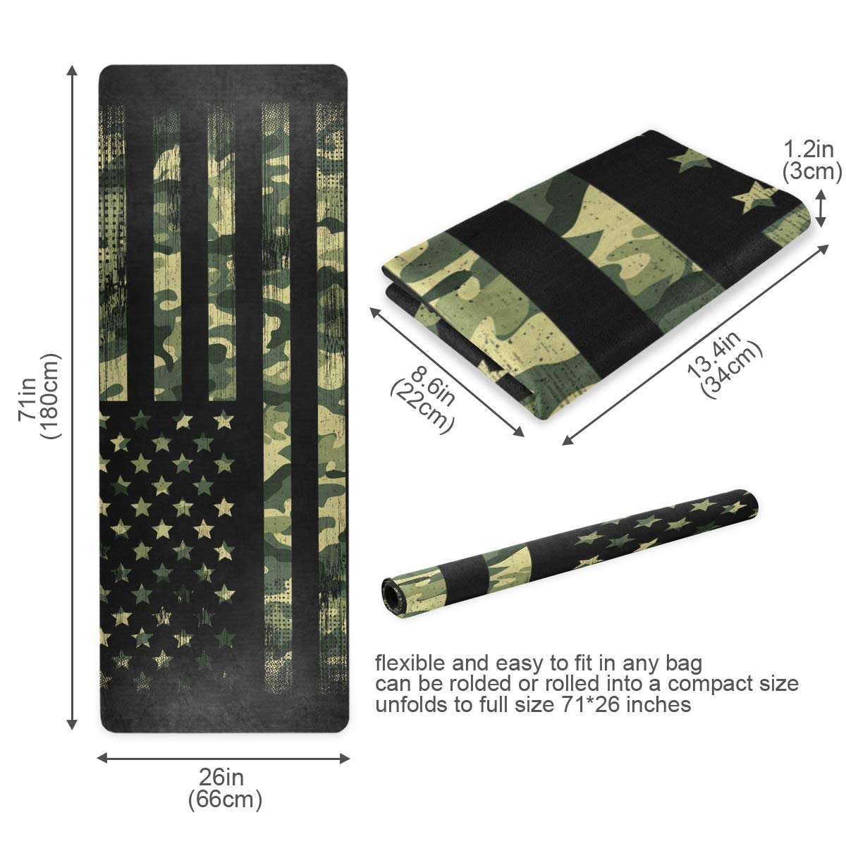 Baofu Camo American Flag Non Slip Yoga Mat Exercise Fitness Eco Friendly Hot Mat Long TPE Foldable Natural Non-Toxic Pilates Mat with Carrying Bag 71"x26"