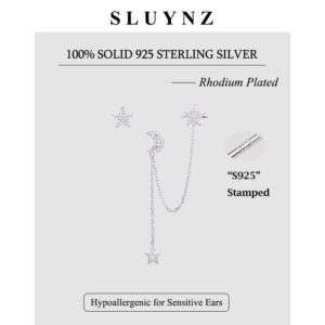 SLUYNZ 925 Sterling Silver Cuff Earrings Chain for Women Asymmetric Star Moon Earrings Crawler Earrings Dangling Chain (A-Silver)