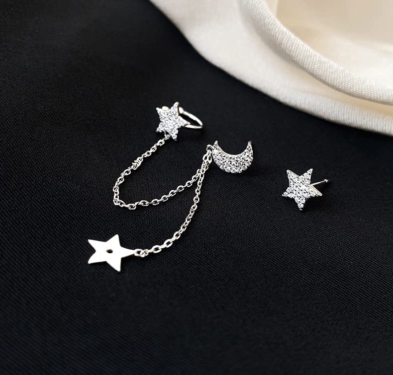 SLUYNZ 925 Sterling Silver Cuff Earrings Chain for Women Asymmetric Star Moon Earrings Crawler Earrings Dangling Chain (A-Silver)