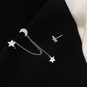 SLUYNZ 925 Sterling Silver Cuff Earrings Chain for Women Asymmetric Star Moon Earrings Crawler Earrings Dangling Chain (A-Silver)