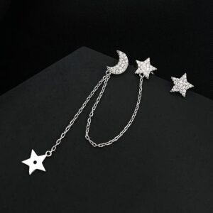 SLUYNZ 925 Sterling Silver Cuff Earrings Chain for Women Asymmetric Star Moon Earrings Crawler Earrings Dangling Chain (A-Silver)