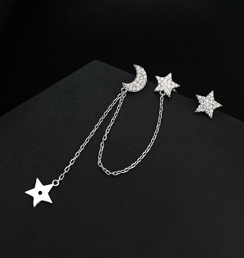 SLUYNZ 925 Sterling Silver Cuff Earrings Chain for Women Asymmetric Star Moon Earrings Crawler Earrings Dangling Chain (A-Silver)