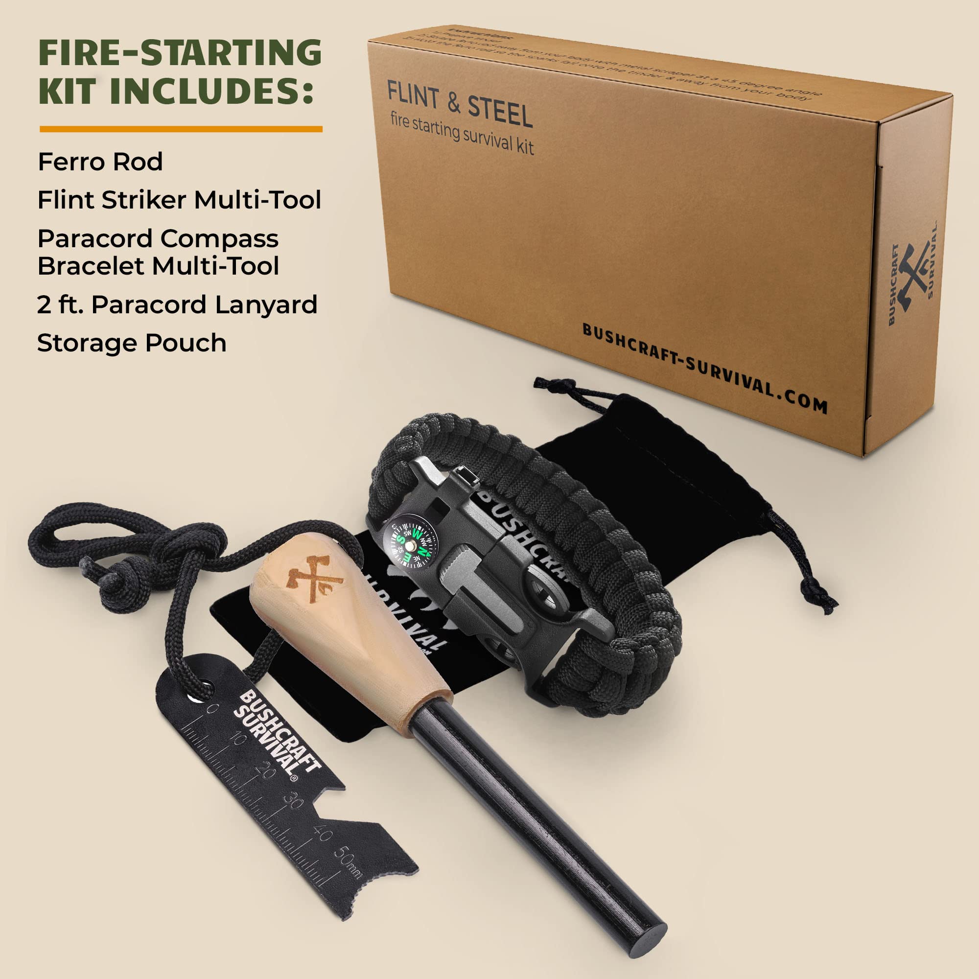 Bushcraft Survival Ferro Rod Fire Starter Kit & Backpacking Multitool | Flint and Steel Striker w/Paracord Bracelet Compass & Whistle | Waterproof Magnesium Farrow Rod Tool & Firestarter for Campfires