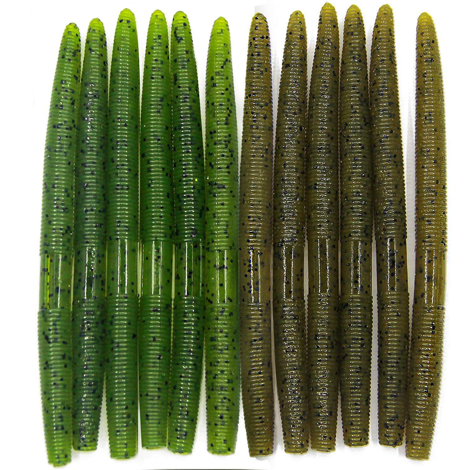 Nawaish Senko Bait Soft Plastic Lures 5" Senkos 24 Pcs for Wacky Rig Freshwater Fishing Green Pumpkin senko with Black Flake (2 colors mixed)