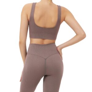 Jetjoy Exercise Outfits for Women 2 Pieces Ribbed Seamless Yoga Outfits Sports Bra and Leggings Set Tracksuits 2 Piece