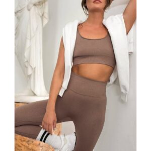 Jetjoy Exercise Outfits for Women 2 Pieces Ribbed Seamless Yoga Outfits Sports Bra and Leggings Set Tracksuits 2 Piece