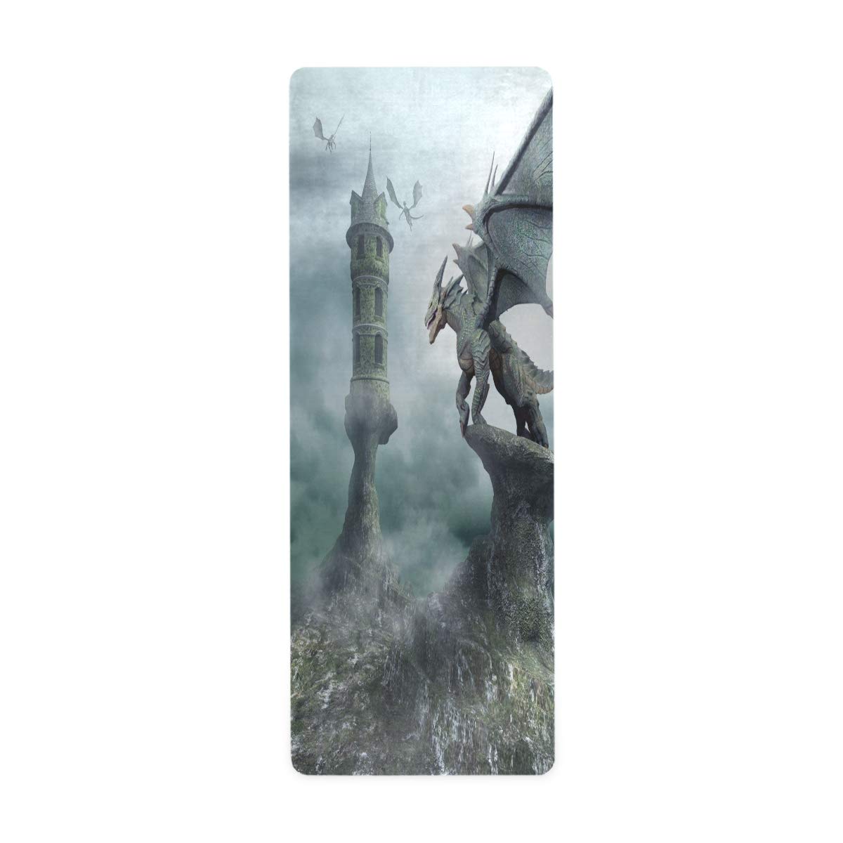 Qilmy Tower Guarded by Dragon Yoga Mat - Extra Thin Non Slip Exercise & Fitness Mat for All Types of Yoga, Pilates & Floor Workouts (71" x 26" x 1mm Thick)