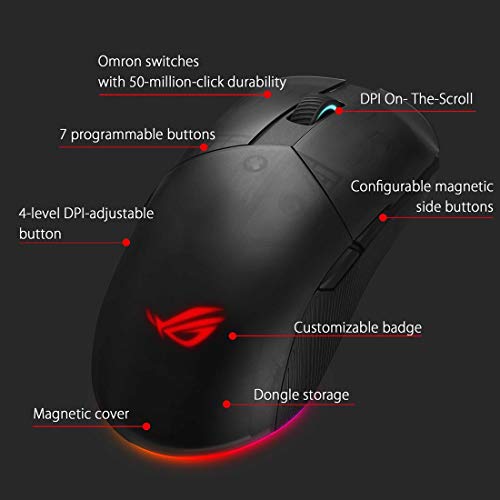 ASUS Optical Gaming Mouse - ROG Pugio II | Ergonomic & Truly Ambidextrous PC Gaming Mouse | Configurable & Swappable Side Buttons | 16,00 DPI Optical Sensor | Aura Sync RGB Tactile Mice