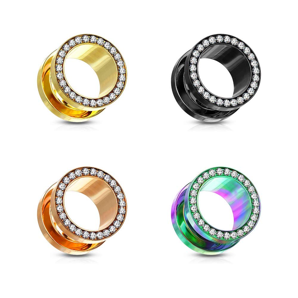 Stainless Steel CZ Crystal Lined Rim Screw Fit Tunnel Plug Gauges, Sold As Pair (Gold Tone, 19mm (3/4"))