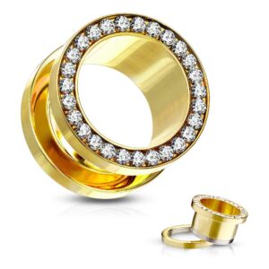 Stainless Steel CZ Crystal Lined Rim Screw Fit Tunnel Plug Gauges, Sold As Pair (Gold Tone, 19mm (3/4"))