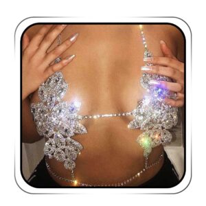 graeen crystal bra chains rhinestone bra top flower chest chain silver body chain nightclub body jewelry for women (a)