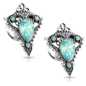 pierced owl stainless steel jade green opalite tear drop ornate tribal shield double flared plug gauges, sold as pair (8mm (0ga))