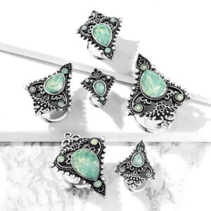 Pierced Owl Stainless Steel Jade Green Opalite Tear Drop Ornate Tribal Shield Double Flared Plug Gauges, Sold As Pair (8mm (0GA))