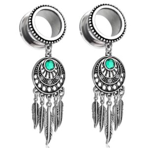 Pierced Owl Stainless Steel CZ Crystal Dream Catcher Dangle Screw Fit Tunnel Plug Gauges, Sold As Pair (8mm (0GA))