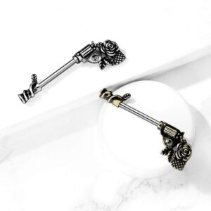 Pierced Owl 14G Stainless Steel Rose Pistol Gun Nipple Barbells, Sold as a Pair (Silver Tone)