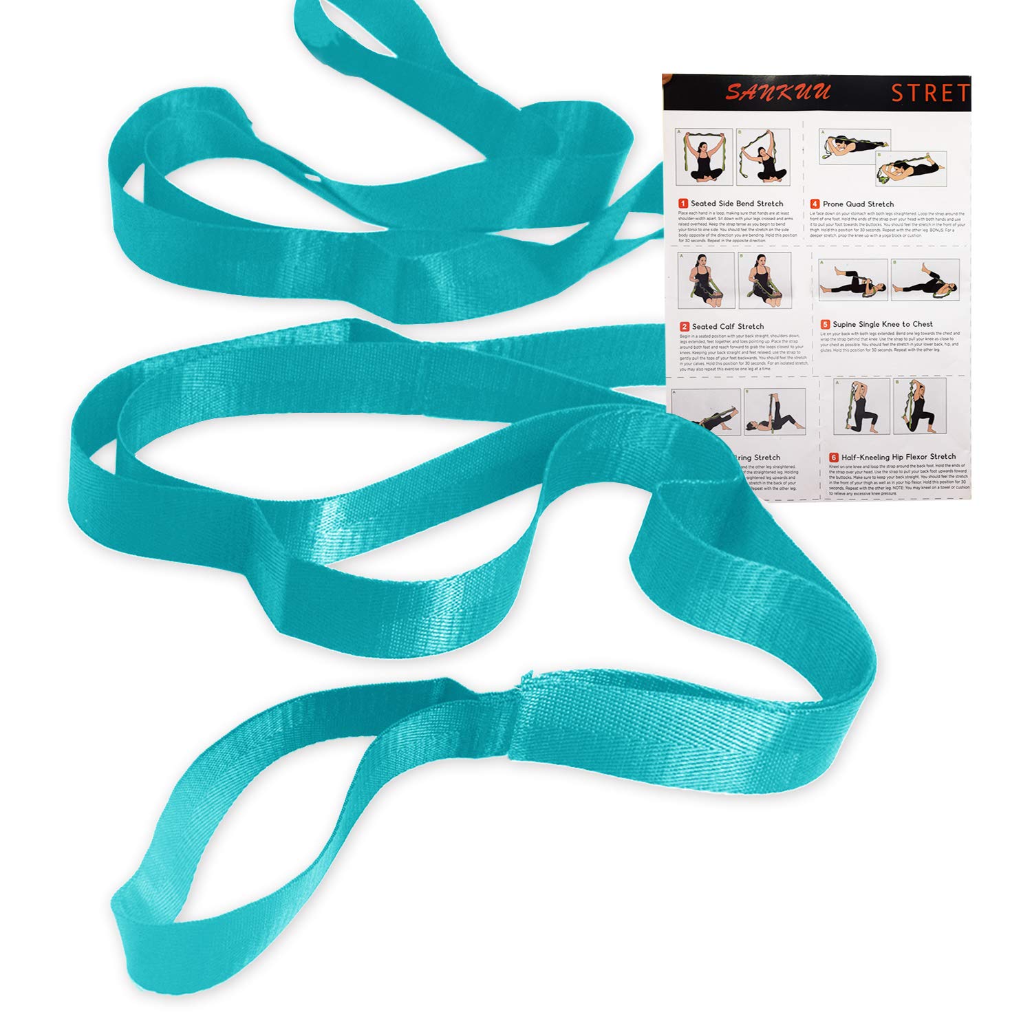 SANKUU 12 Loops Yoga Stretch Strap for Physical Therapy with Exercise Instruction (Blue)