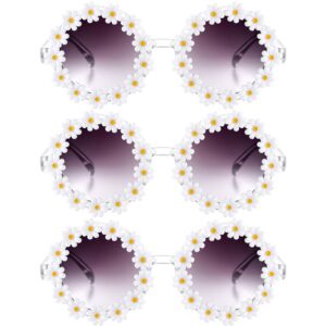 Frienda 3 Packs Retro Daisy Sunglasses for Women Flower Round Disco Sunglasses Novel Floral Glasses for Adult kids (Light Purple)