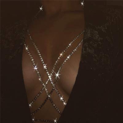 Graeen Rhinestone Bra Body Chains Crystal Chest Chain Cross Bra Chain Gold Body Jewelry for Women (Gold)