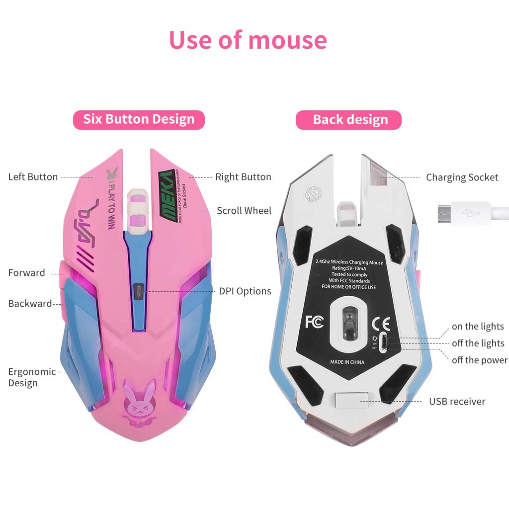 Greshare Gaming Mouse,7 Colors Backlit Optical Game wireless Mice Ergonomic with 2400 DPI and 6 Buttons 4 Shooting with Nano Receiver for Computer/Win/Mac/Linux/Andriod/iOS,Pink.