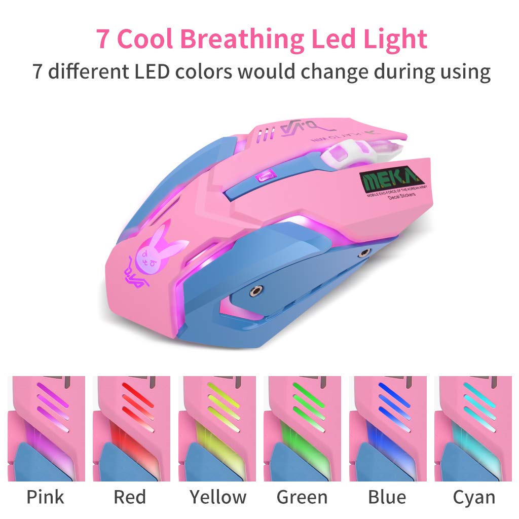 Greshare Gaming Mouse,7 Colors Backlit Optical Game wireless Mice Ergonomic with 2400 DPI and 6 Buttons 4 Shooting with Nano Receiver for Computer/Win/Mac/Linux/Andriod/iOS,Pink.