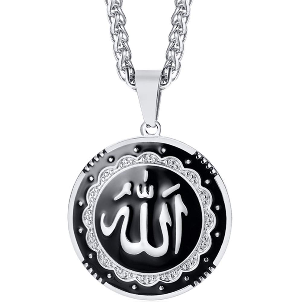 Jude Jewelers Stainless Steel Round Shape Muslim Islamic Religious Pendant Necklace (Silver)