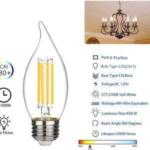 KGC LED Candelabra Bulb, 2700K Warm White 450LM, LED Dimmable Edison Bulb,4.5W Equivalent to 60W, E26 Medium Base LED Candle Bulbs, CA11/C35 Clear Glass Flame Shape Bent Tip - 6 Pack