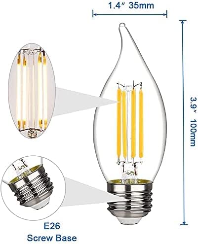 KGC LED Candelabra Bulb, 2700K Warm White 450LM, LED Dimmable Edison Bulb,4.5W Equivalent to 60W, E26 Medium Base LED Candle Bulbs, CA11/C35 Clear Glass Flame Shape Bent Tip - 6 Pack