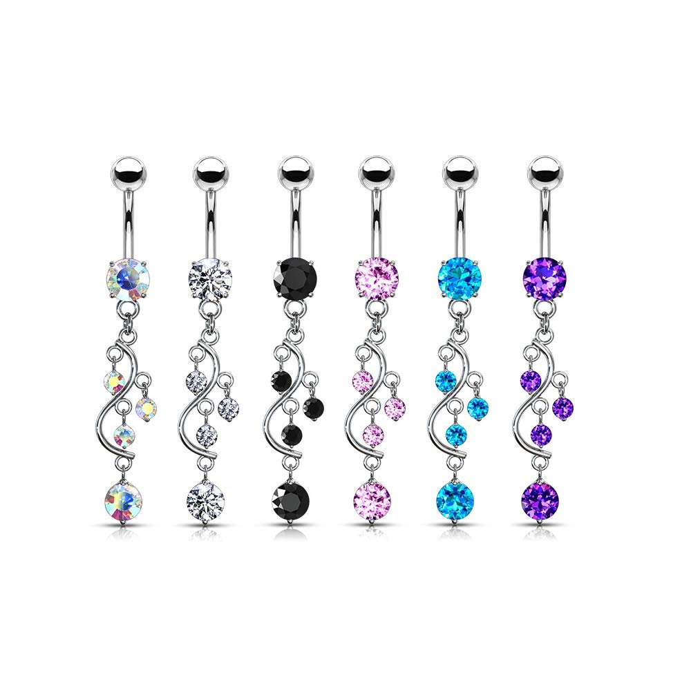 Pierced Owl 14G Stainless Steel Cascading CZ Crystal Vine Dangling Belly Button Ring (Purple)