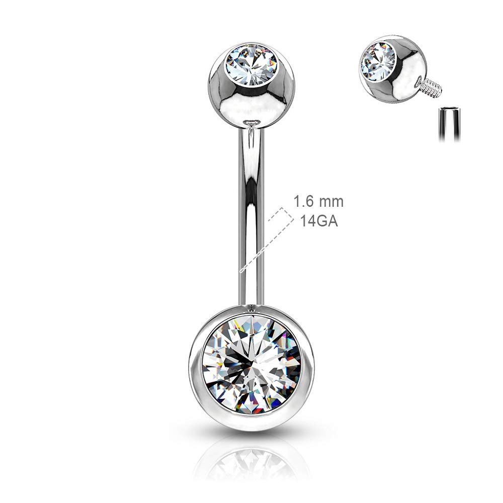 Pierced Owl 14G Stainless Steel CZ Crystal Gem Internally Threaded Belly Button Ring (Clear, 12mm Length)