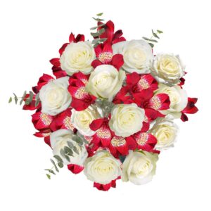 Bouquet of Roses and Alstroemerias with Greens- Fresh Flowers- White and Red