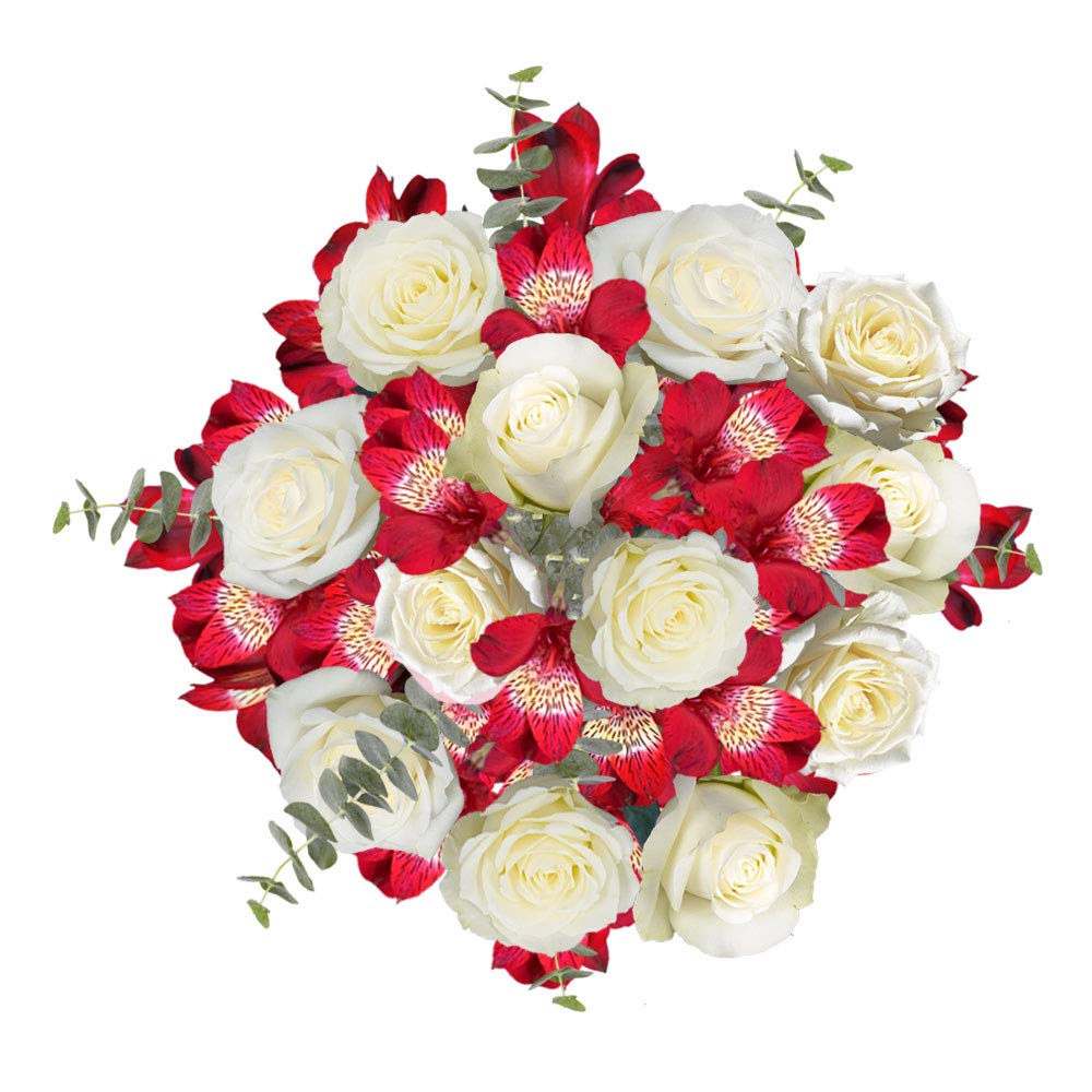 Bouquet of Roses and Alstroemerias with Greens- Fresh Flowers- White and Red