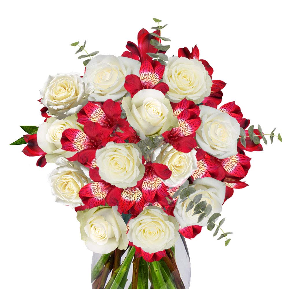 Bouquet of Roses and Alstroemerias with Greens- Fresh Flowers- White and Red