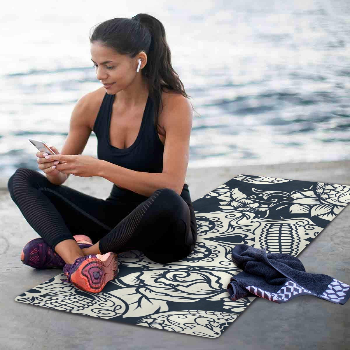 Qilmy Sugar Skull Yoga Mat Non-Slip Foldable Sweat Absorbent Travel Yoga Mat with Carrying Bag for Yoga, Pilates, Exercise, Workout, Bikram and Hot Yoga 71 x 26 Inch