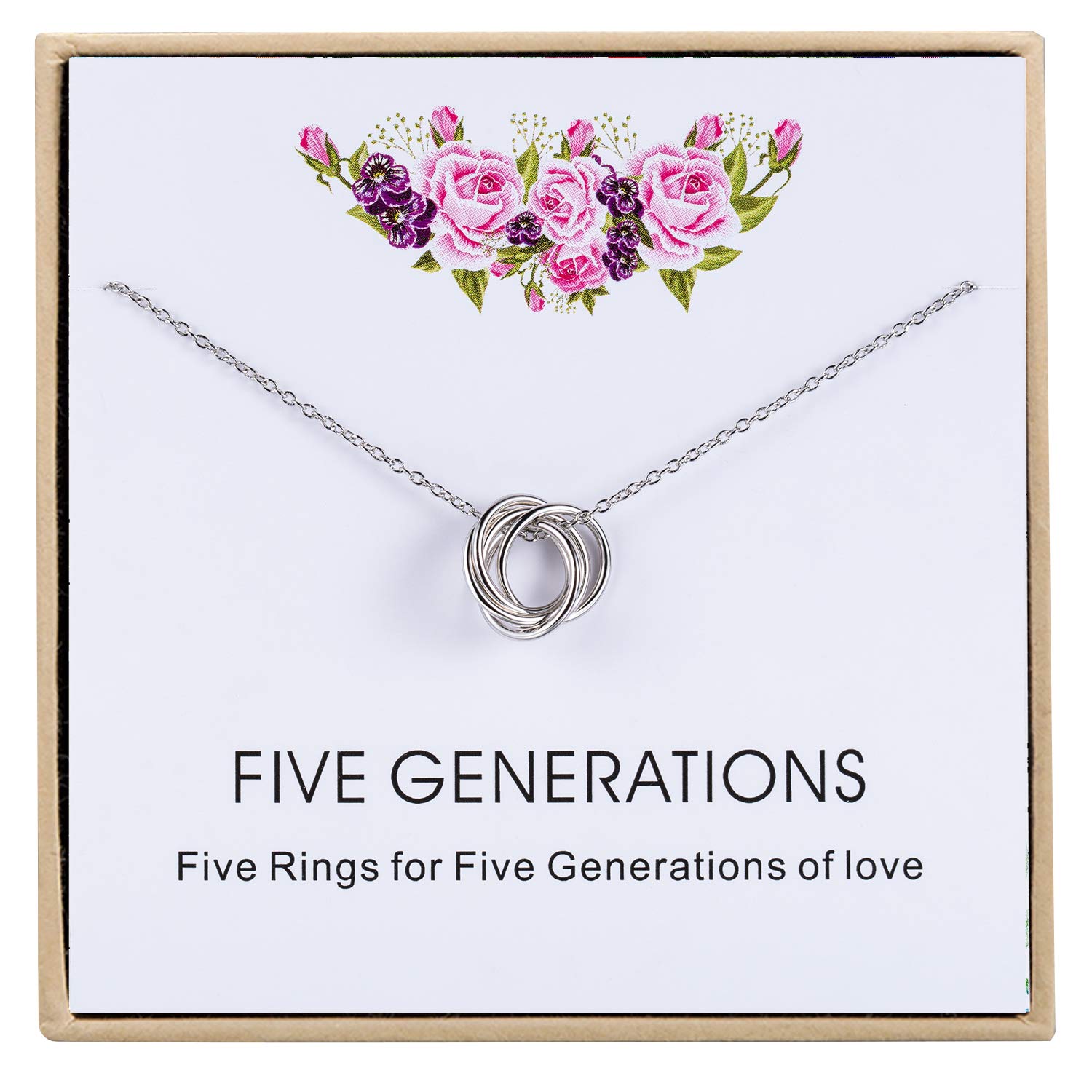 CHICLOVE Five Generations Necklace - Sterling Silver Necklace Gift for Grandmother, Gift for Mom Grandma Nana, Grandma, Great Grandma Gift (Five Generations Gifts)