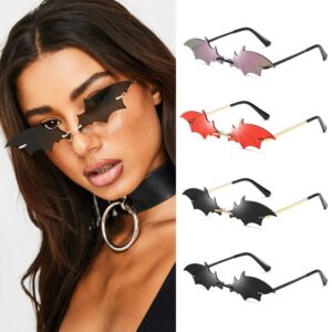 Ovida Bat Sunglasses Rimless Goth Glasses for Women Men Halloween Party Glasses Trendy Eyewear UV 400 Protection