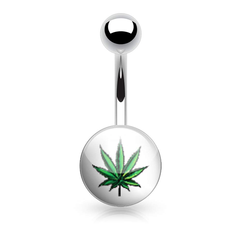 14G Stainless Steel Inlaid Clear Epoxy Picture Logo Belly Button Ring (Green Pot Leaf)