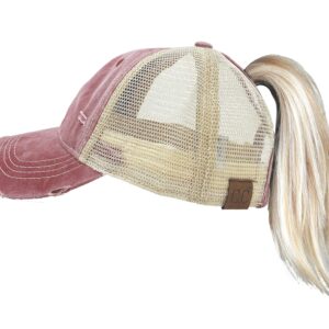 Ponytail Messy Bun Trucker Ponycap: Mesh - Burgundy w/Beige Mesh