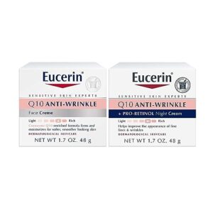 Eucerin Q10 Anti Wrinkle Skin Care Set, Facial Cream for Sensitive Skin, Q10 Anti Wrinkle Face Cream, 1.7 Oz Jar + Q10 Anti Wrinkle Night Cream with Pro-Retinol, 1.7 Oz Jar