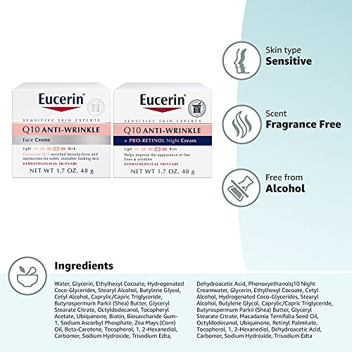 Eucerin Q10 Anti Wrinkle Skin Care Set, Facial Cream for Sensitive Skin, Q10 Anti Wrinkle Face Cream, 1.7 Oz Jar + Q10 Anti Wrinkle Night Cream with Pro-Retinol, 1.7 Oz Jar