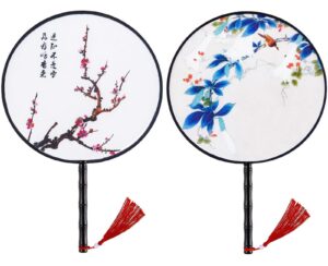 whaline 2 pack chinese round fan, ancient hand fan, translucent silk hand held fan, pink blue traditional palace paddle dance fan, vintage double-sided pattern fan for wedding favor gift home decor