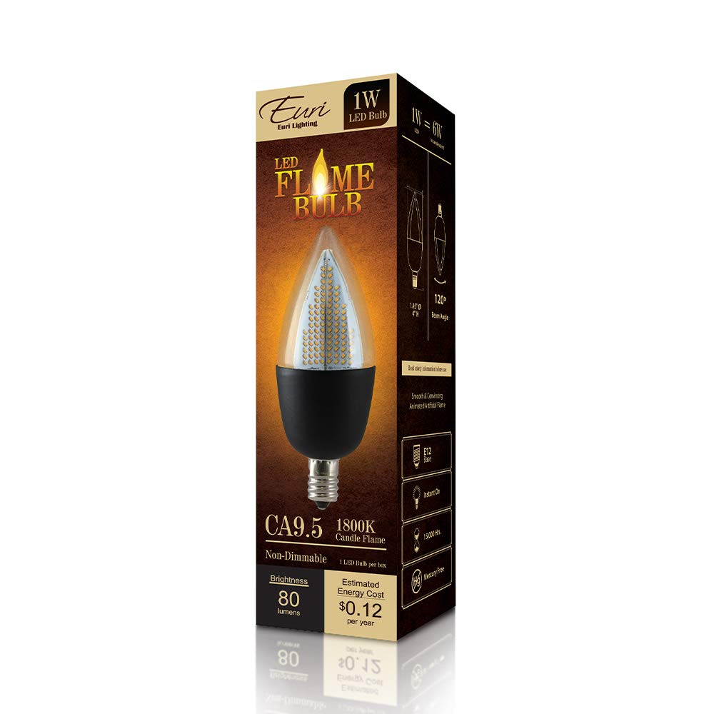 Euri Lighting Flickering Flame Bulb, ECA9.5-2120fcb, Decorative CA9.5 Candelabra E12 Base, Warm White 1800K, Non-Dim, 1W (6W Equivalent), 80lm, Black Housing, UL Listed, 1 Count