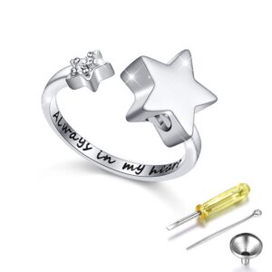 S925 Sterling Silver Always In My Heart Cremation Urn Ring Star Memorial Ashes Keepsakes Open Finger Ring Jewelry for Women,Size 8