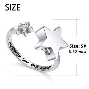 S925 Sterling Silver Always In My Heart Cremation Urn Ring Star Memorial Ashes Keepsakes Open Finger Ring Jewelry for Women,Size 8