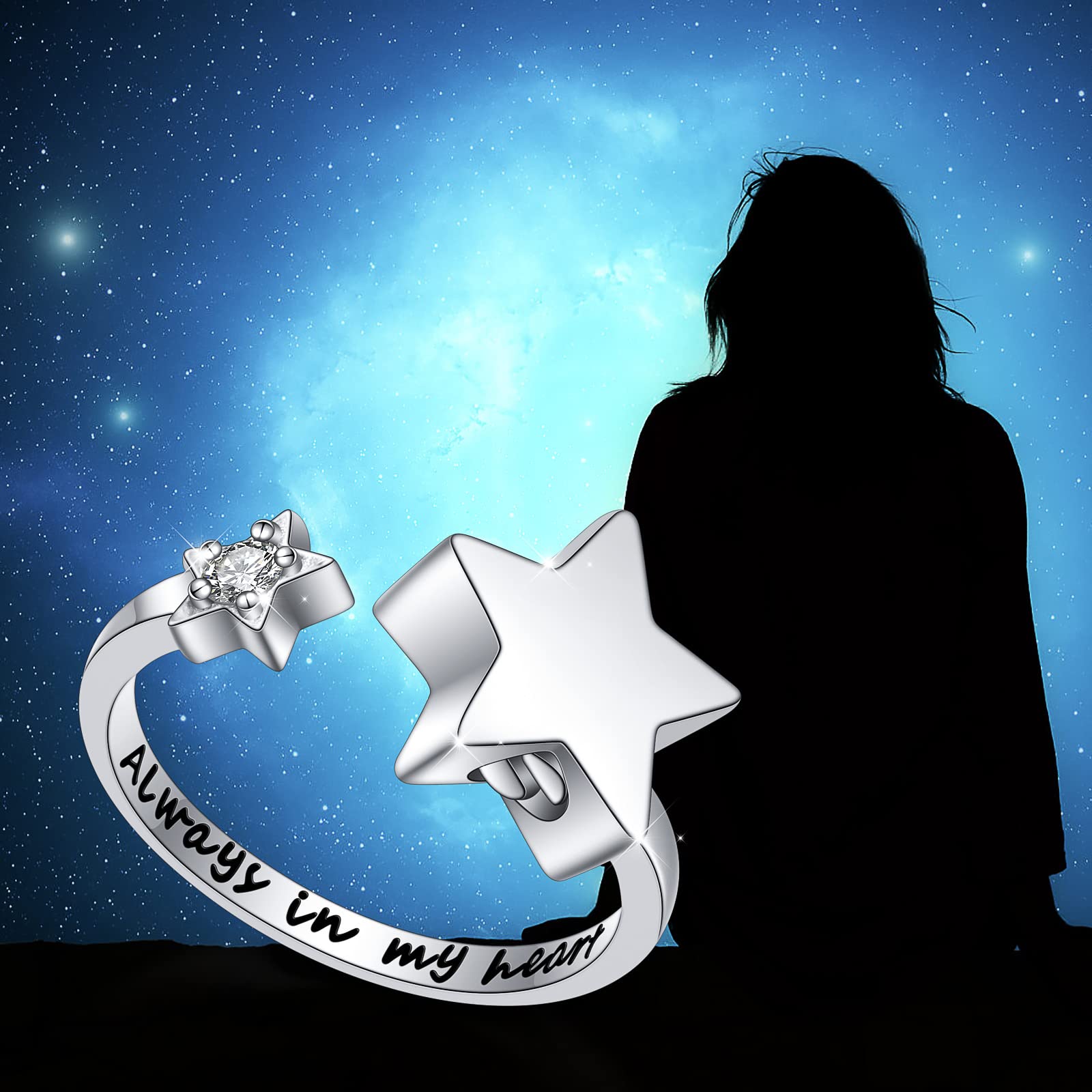 S925 Sterling Silver Always In My Heart Cremation Urn Ring Star Memorial Ashes Keepsakes Open Finger Ring Jewelry for Women,Size 8