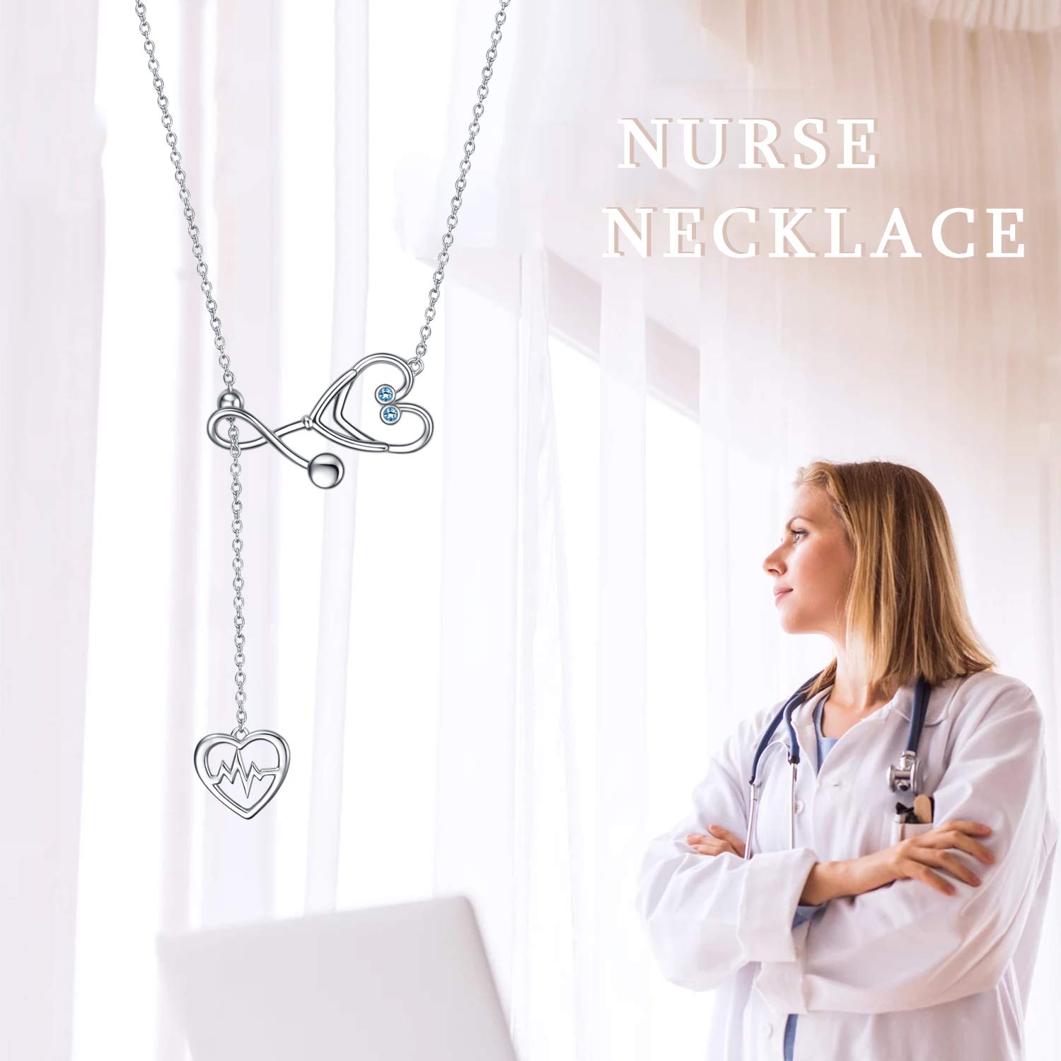 YFN Sterling Silver Stethoscope Jewelry Heartbeat EKG Adjustable Lariat Y Necklace for Women Doctor Nurse Gift