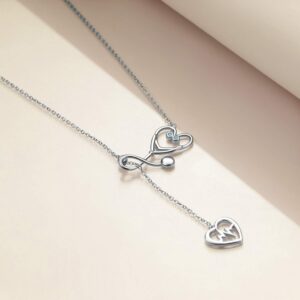 YFN Sterling Silver Stethoscope Jewelry Heartbeat EKG Adjustable Lariat Y Necklace for Women Doctor Nurse Gift