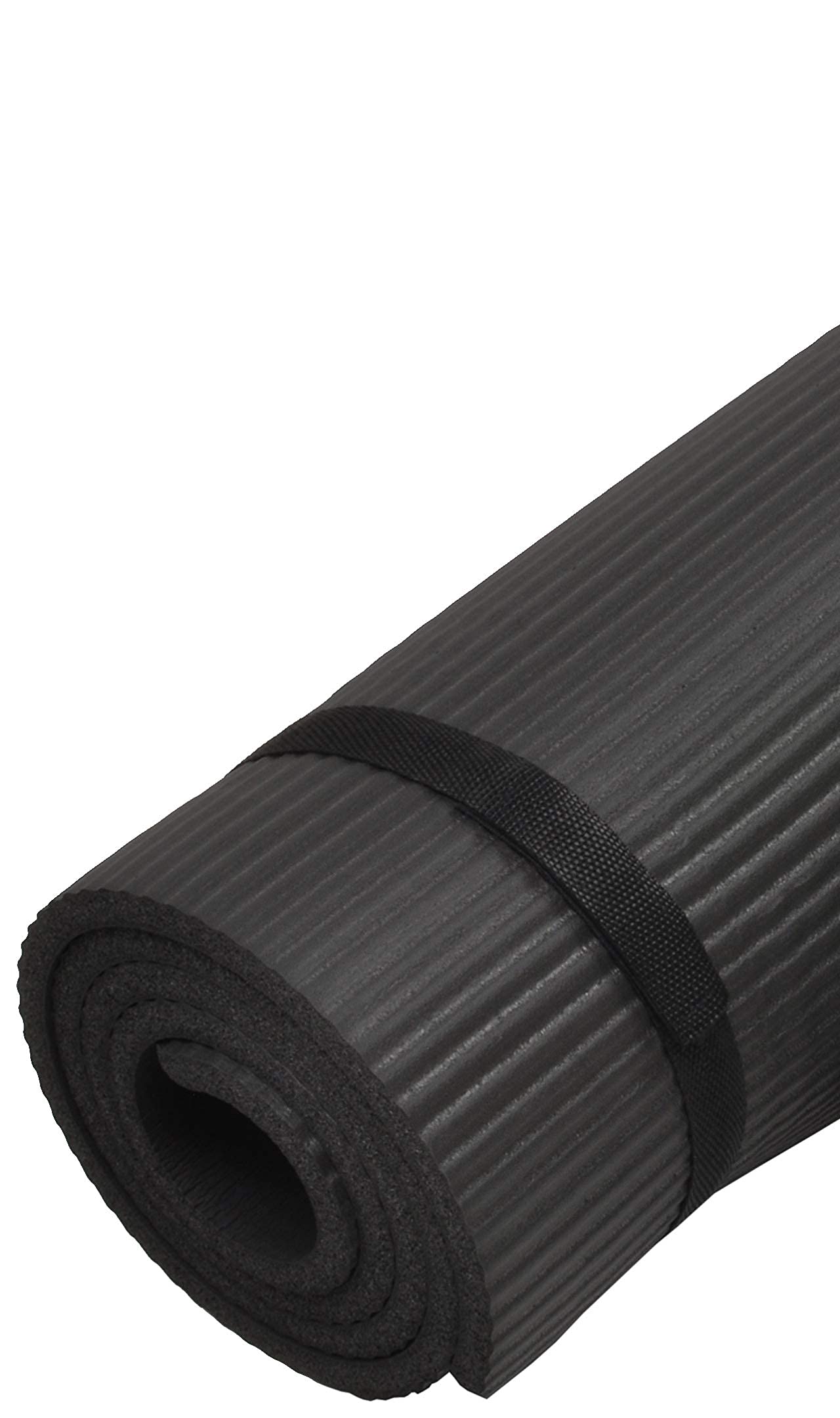 Signature Fitness 1/2-Inch Extra Thick High Density Anti-Tear Exercise Yoga Mat with Knee Pad and Carrying Strap, Black