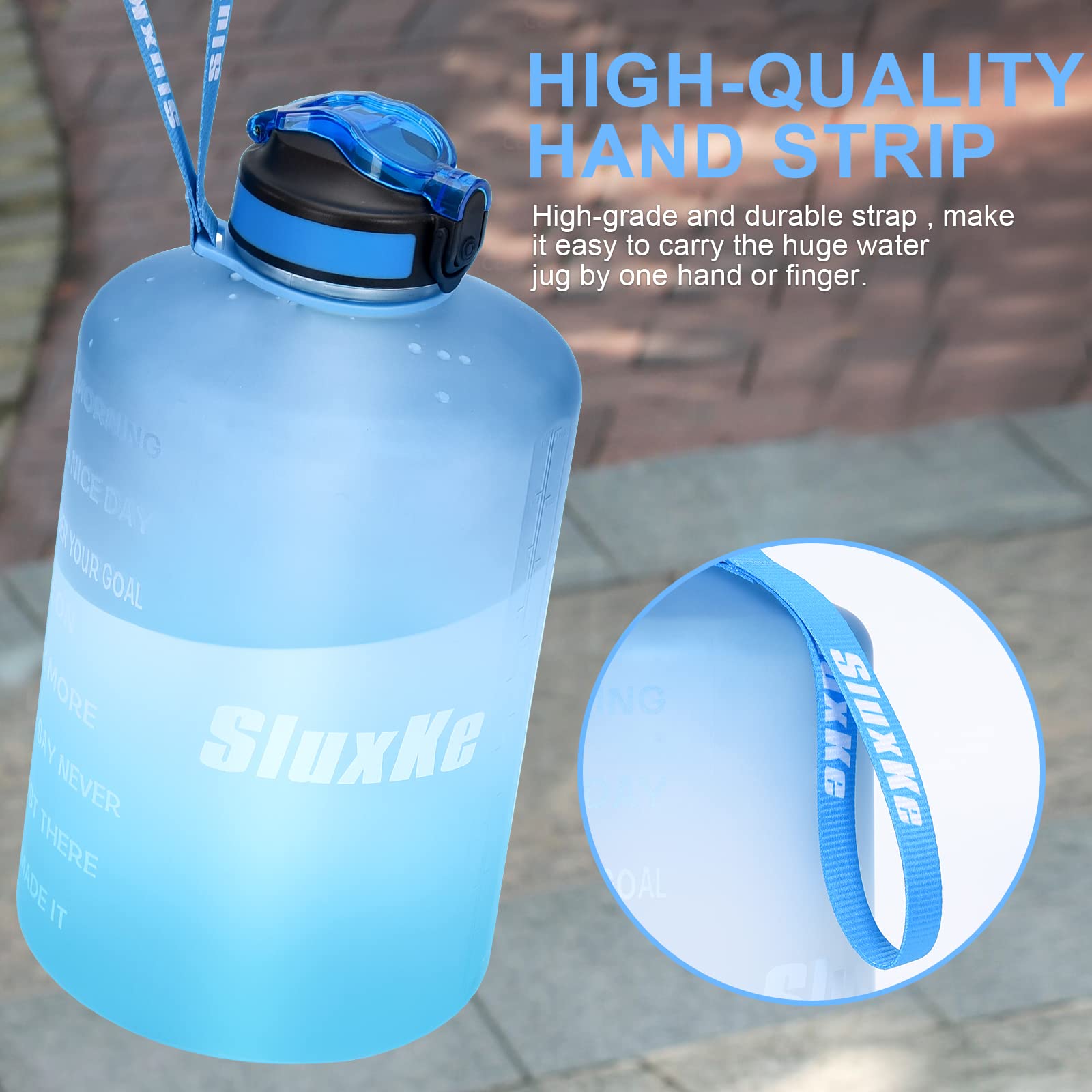 SLUXKE Gallon Water Bottle with Time Marker BPA Free, 128oz Huge Sports Water Bottle with Handle and Straw Leak Proof, One Click Open Big Water Jug Blue Blue