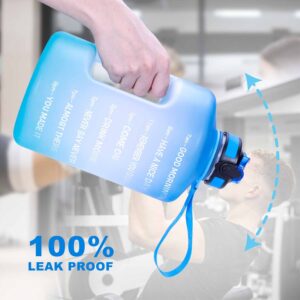 SLUXKE Gallon Water Bottle with Time Marker BPA Free, 128oz Huge Sports Water Bottle with Handle and Straw Leak Proof, One Click Open Big Water Jug Blue Blue